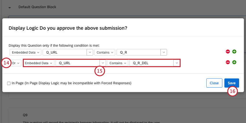 la création de la condition pour Q_URL contient Q_R_DEL