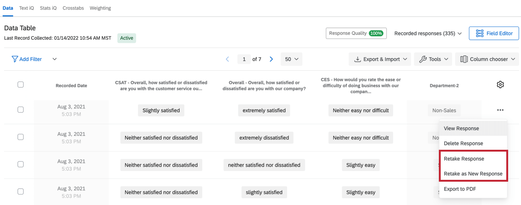 データと分析の回答の［アクション］ドロップダウンにある［回答をやり直す］および［新しい回答としてやり直す］オプション