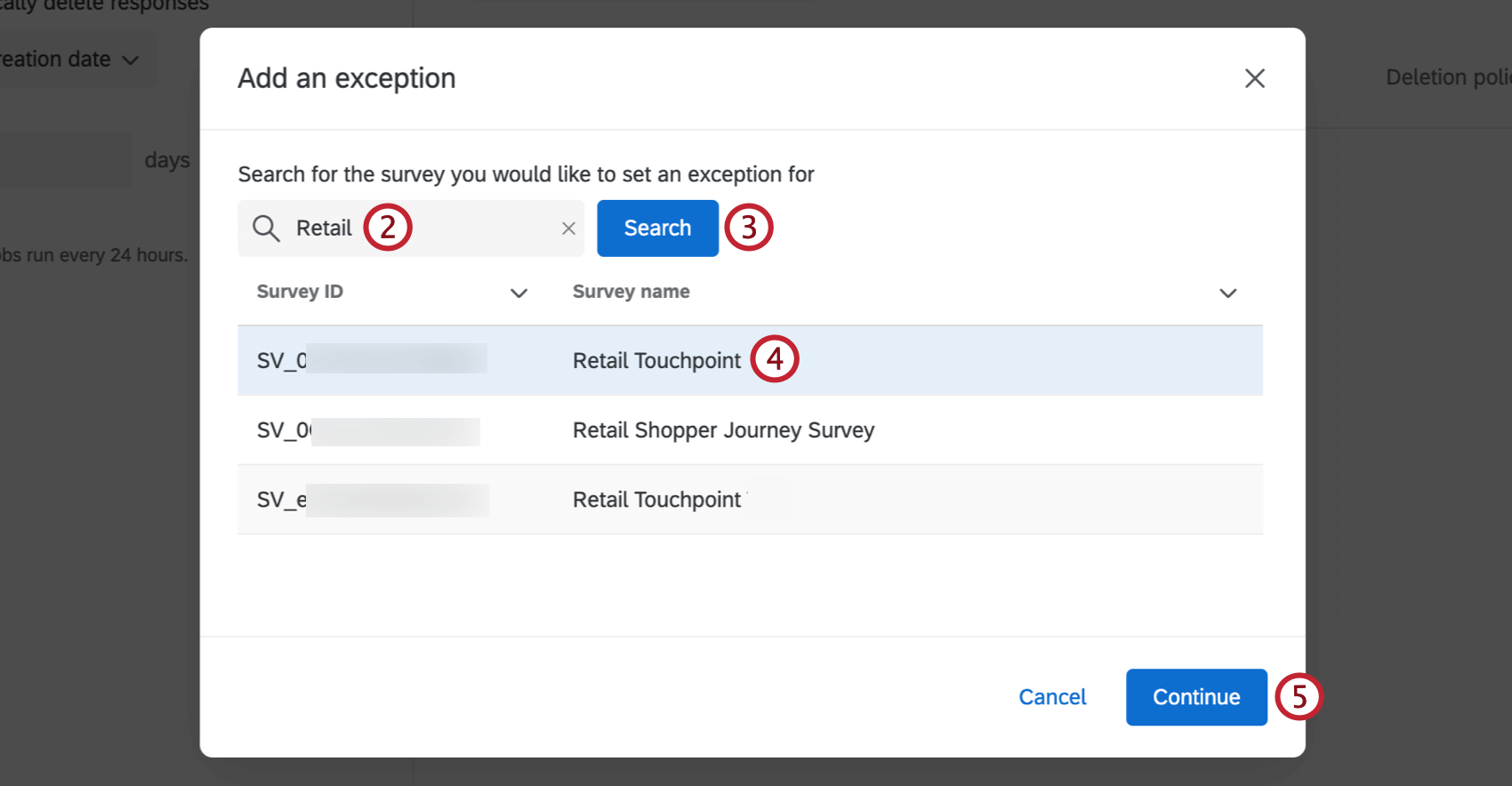 searching for a survey to set up a retention policy exception