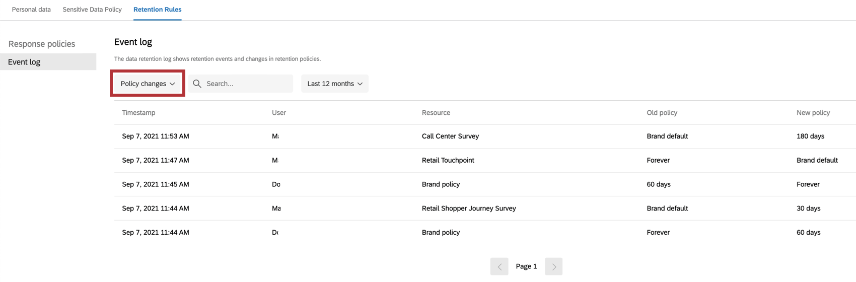policy changes in event log