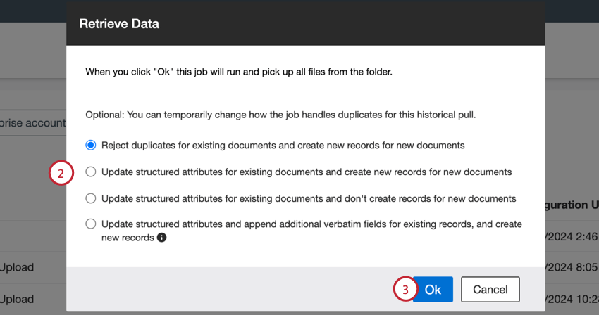 choosing how duplicate documents are handled and clicking OK