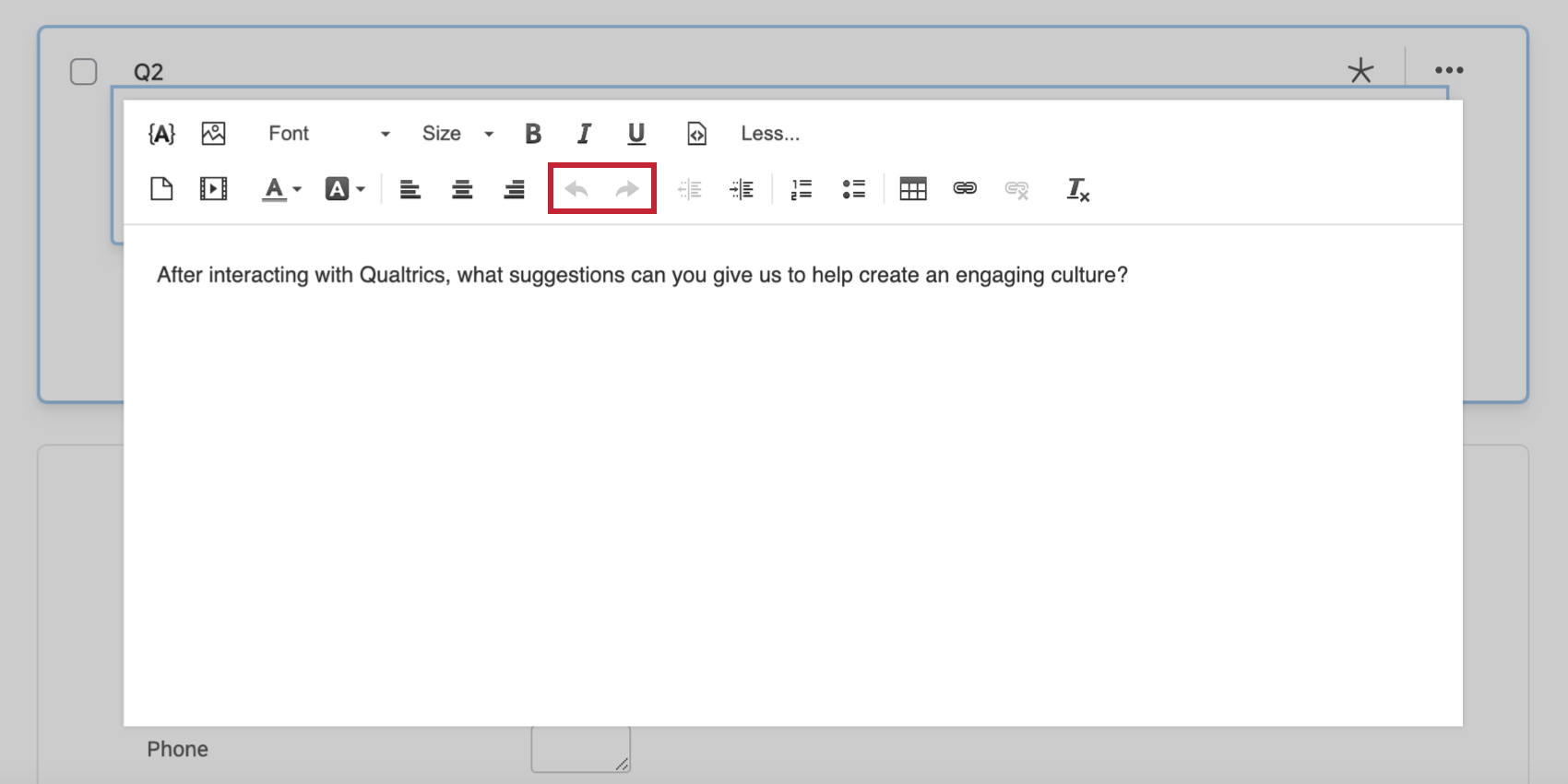 Opções de desfazer e refazer no editor de conteúdo