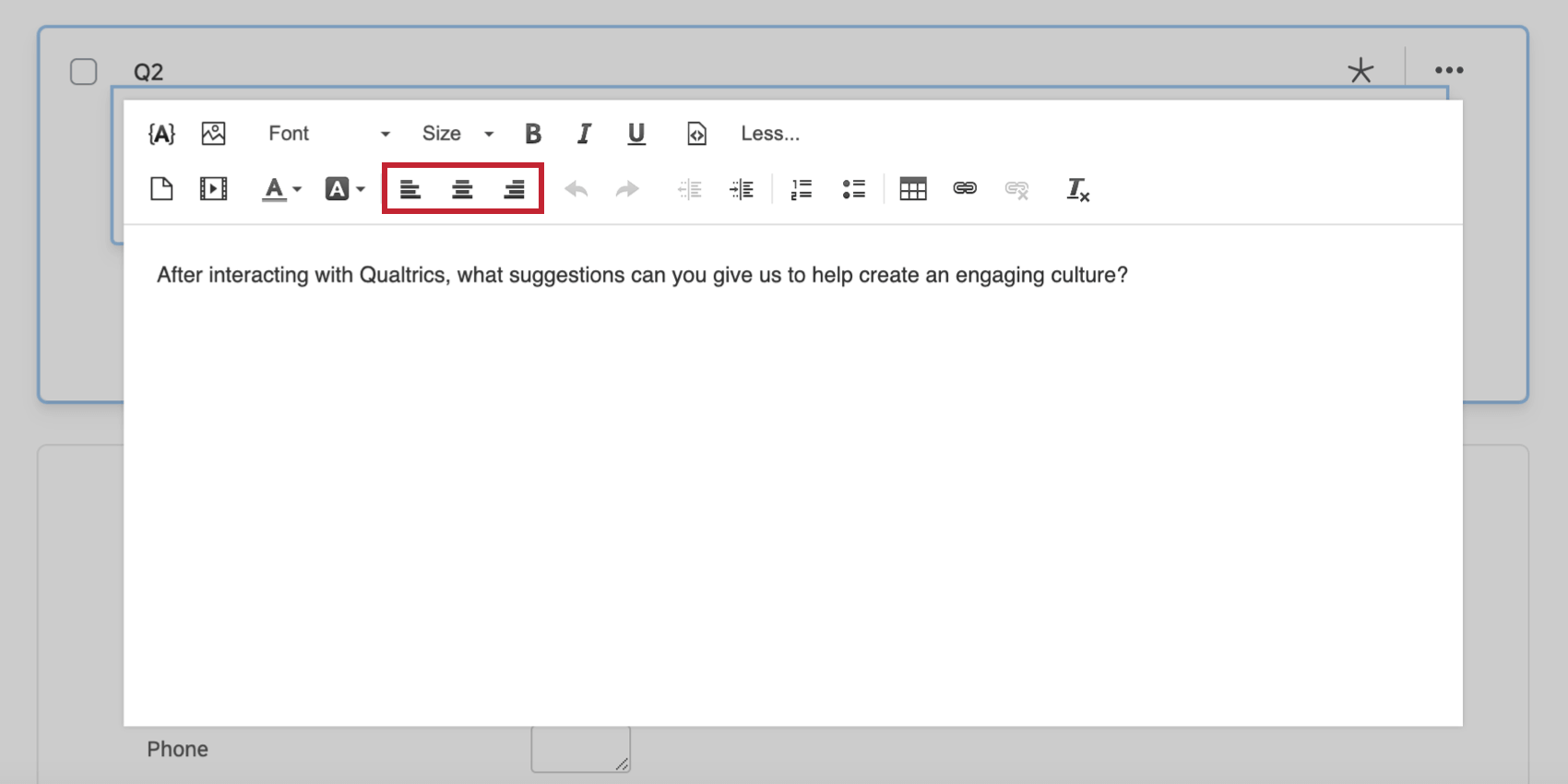 Opções de alinhamento no editor de conteúdo