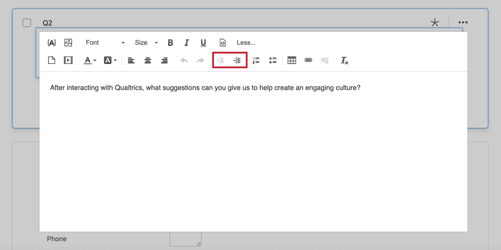 Indentation options in the rich content editor