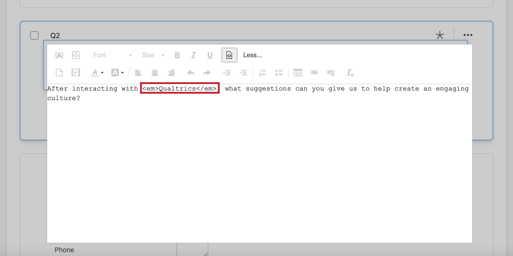 Italicized text in the HTML source view
