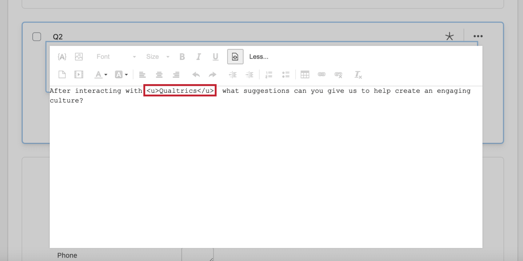 Underlined text in the HTML source view
