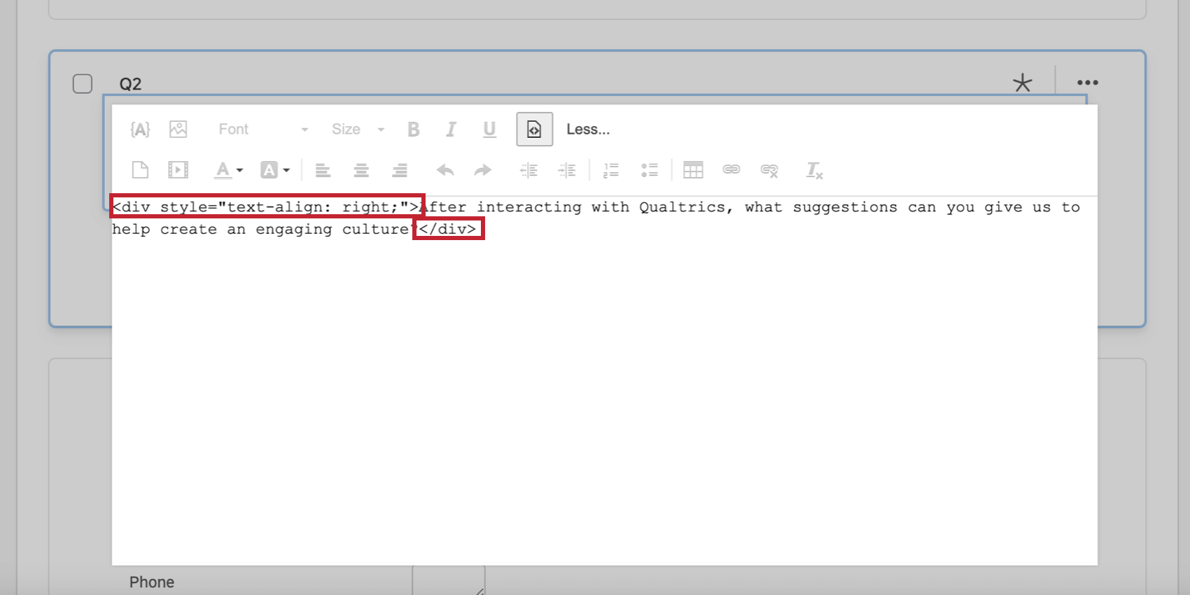 Aligned text in the HTML source view