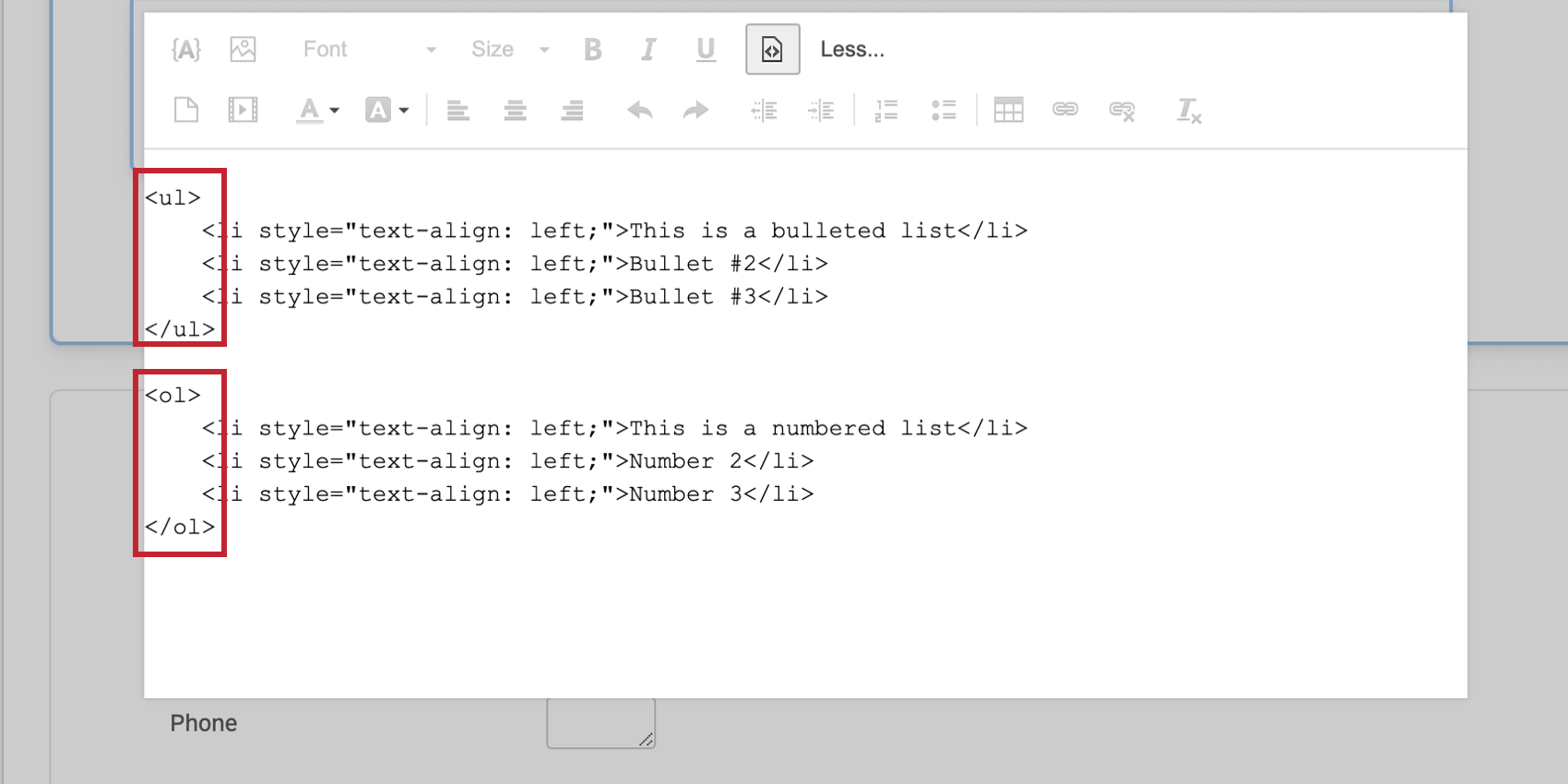 Bulleted and numbered lists in the HTML source view
