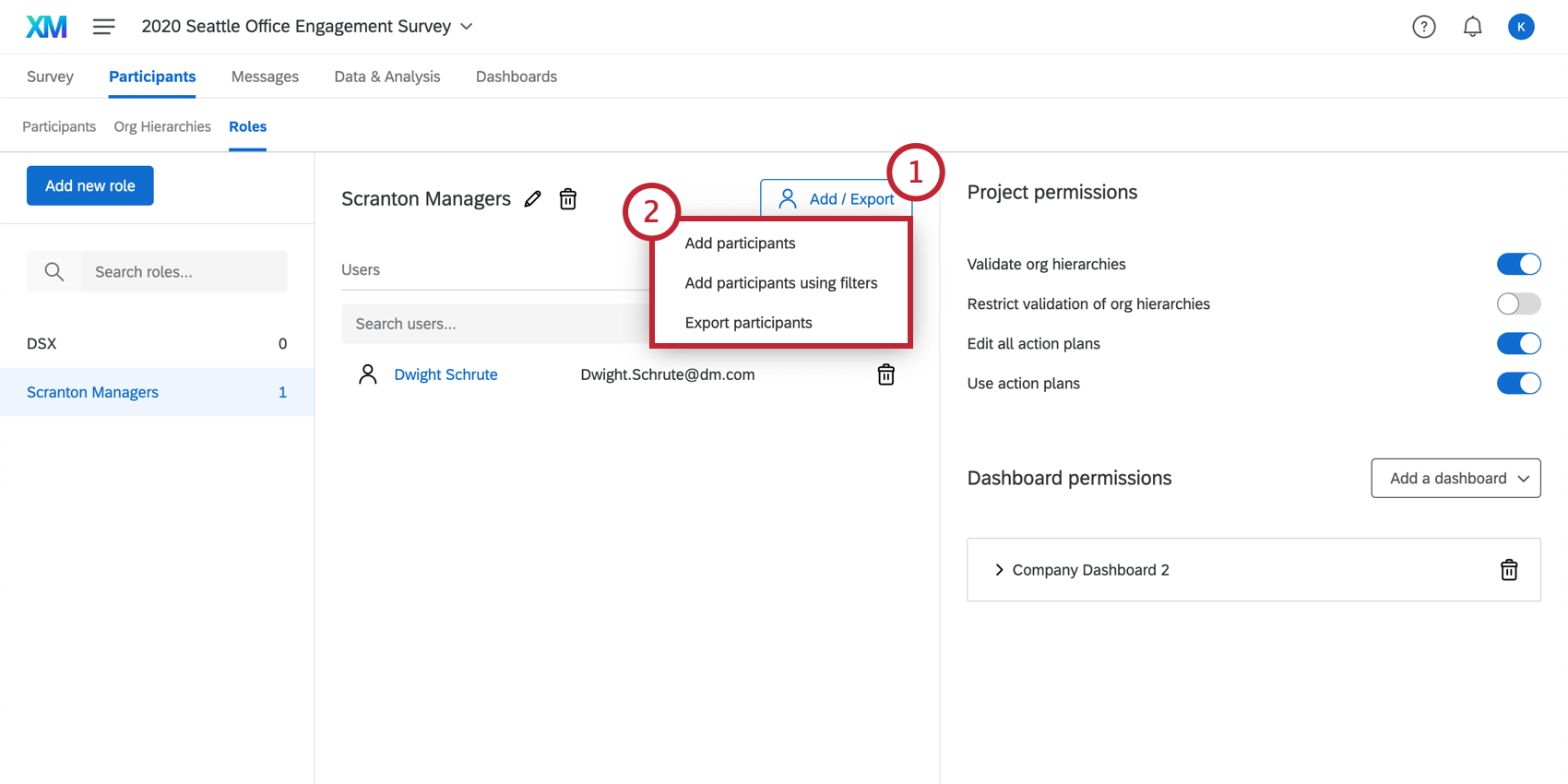 Add / Export button to the far right of the role name with the drop down menu shown