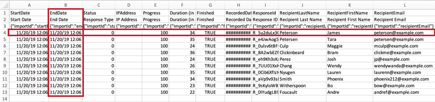 Image highlighted to show a row of responses and a column of "End Date" data