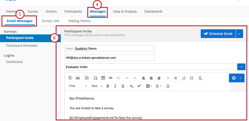 Email Messages section of Messages tab. We can see an example email is all set up, with survey links and a message