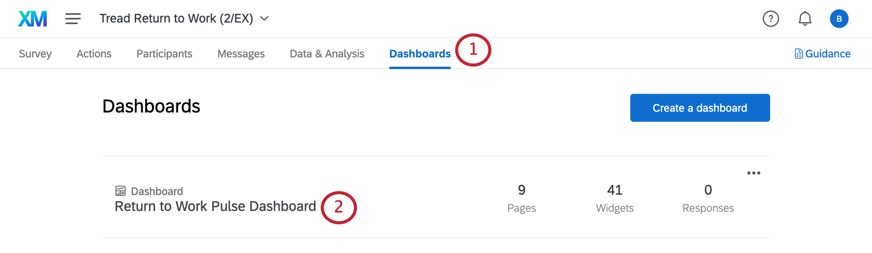 Dashboards tab of the project. Premade dashboard is listed inside