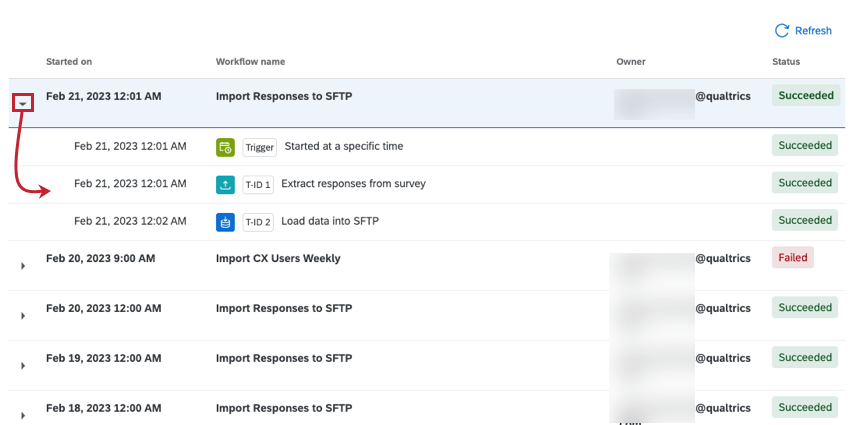 clicking on a workflow to expand it