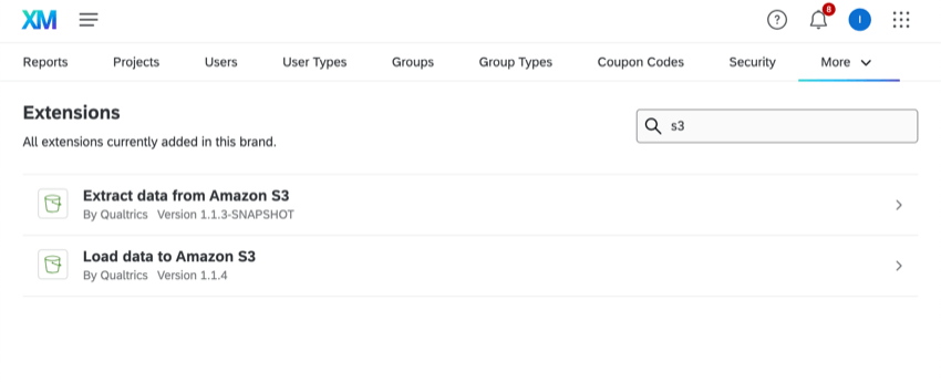 recherche de s3 dans la section extensions de ladministration