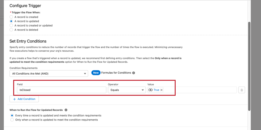 Eine Bedingung für den Fall wird in einem Salesforce-Fluss geschlossen.