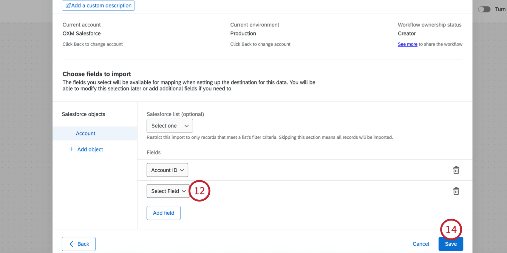 フィールドを選択し、すべてのフィールドがインポートされるまで繰り返す。