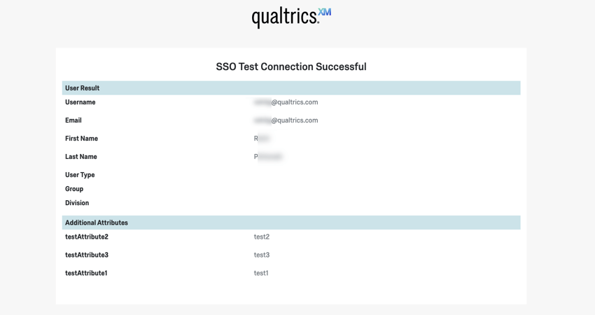 Page shows "SSO test successful" and lists all the fields pulled