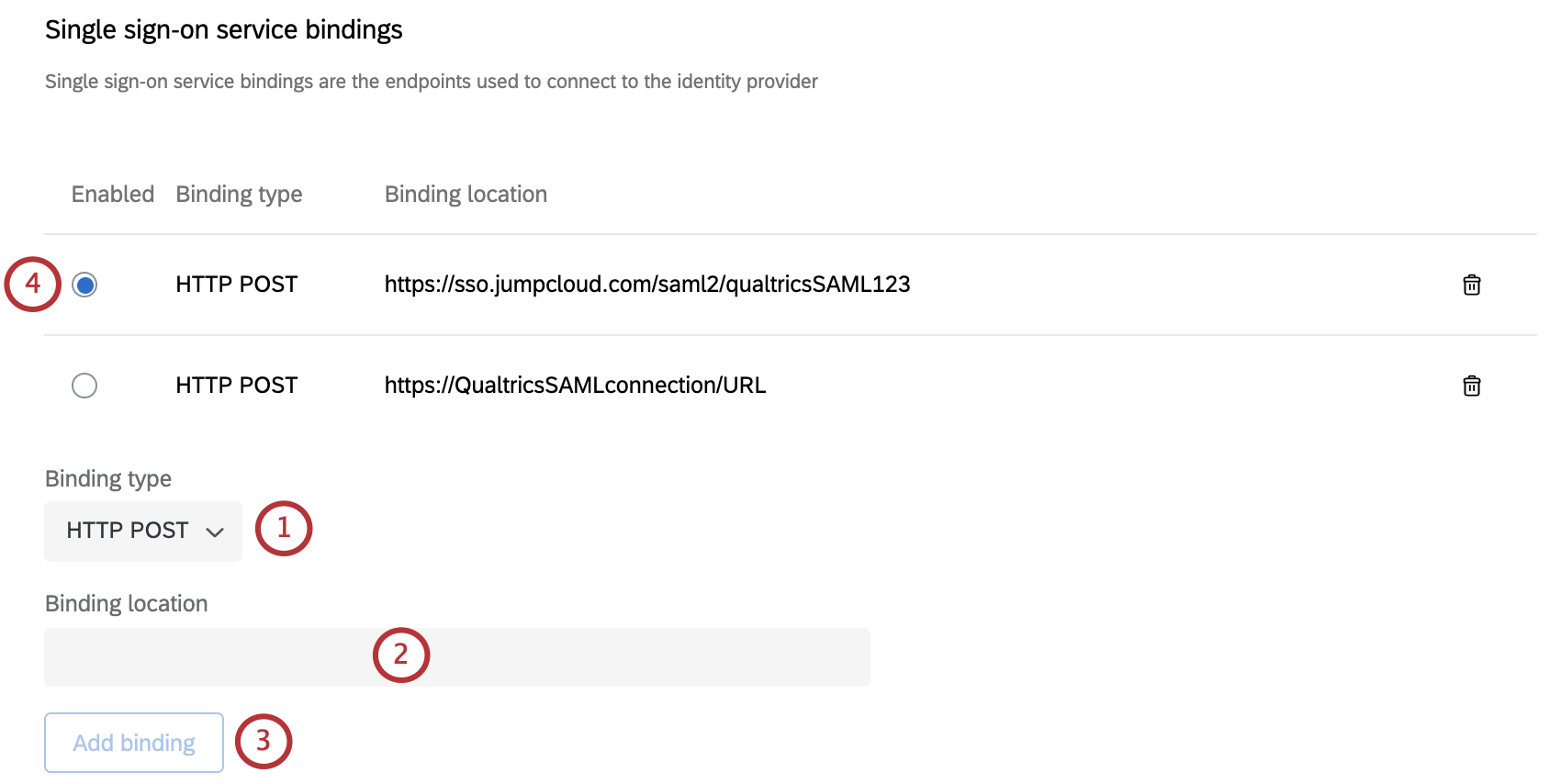 Optionen für Single Sign-On-Service-Bindungen, siehe unten