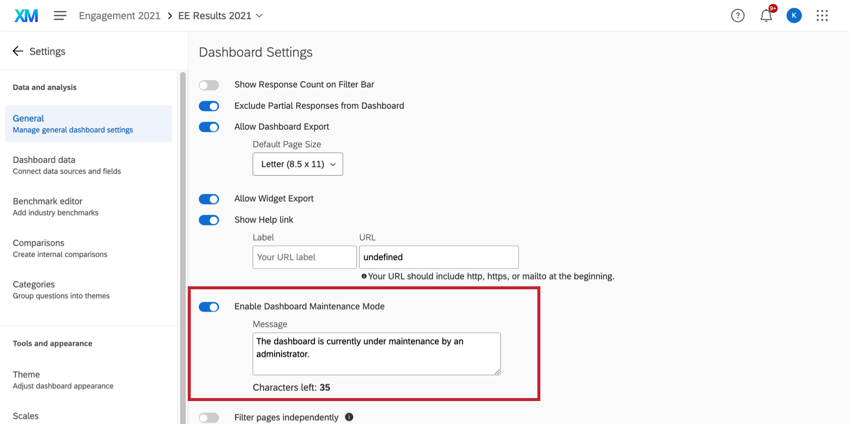 Allgemeine Seite der Dashboard in einem Dashboard. Die Einstellung highlgihted heißt Dashboard Maintenance Mode“ und enthält ein Feld, in dem Sie eine Wartungsmeldung eingeben können.