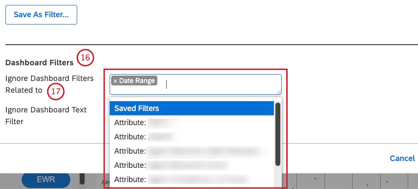In the Dashboard Filters section you can select one or more filter types that, when applied to the dashboard, will be ignored by this widget. This step is optional.