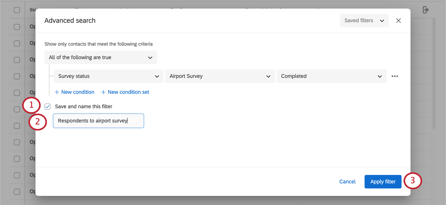 image of the filtering window. The "save and name this filter" checkbox is activated for saving filter conditions
