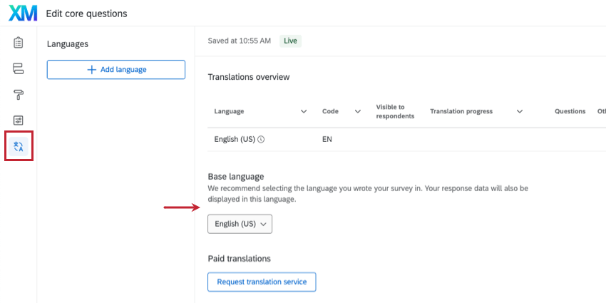 Basissprache im Abschnitt "Übersetzungen"