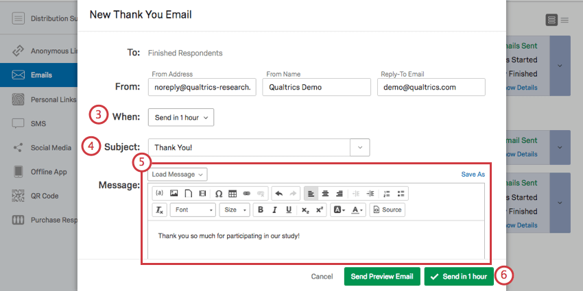Programmazione della finestra delle e-mail di ringraziamento