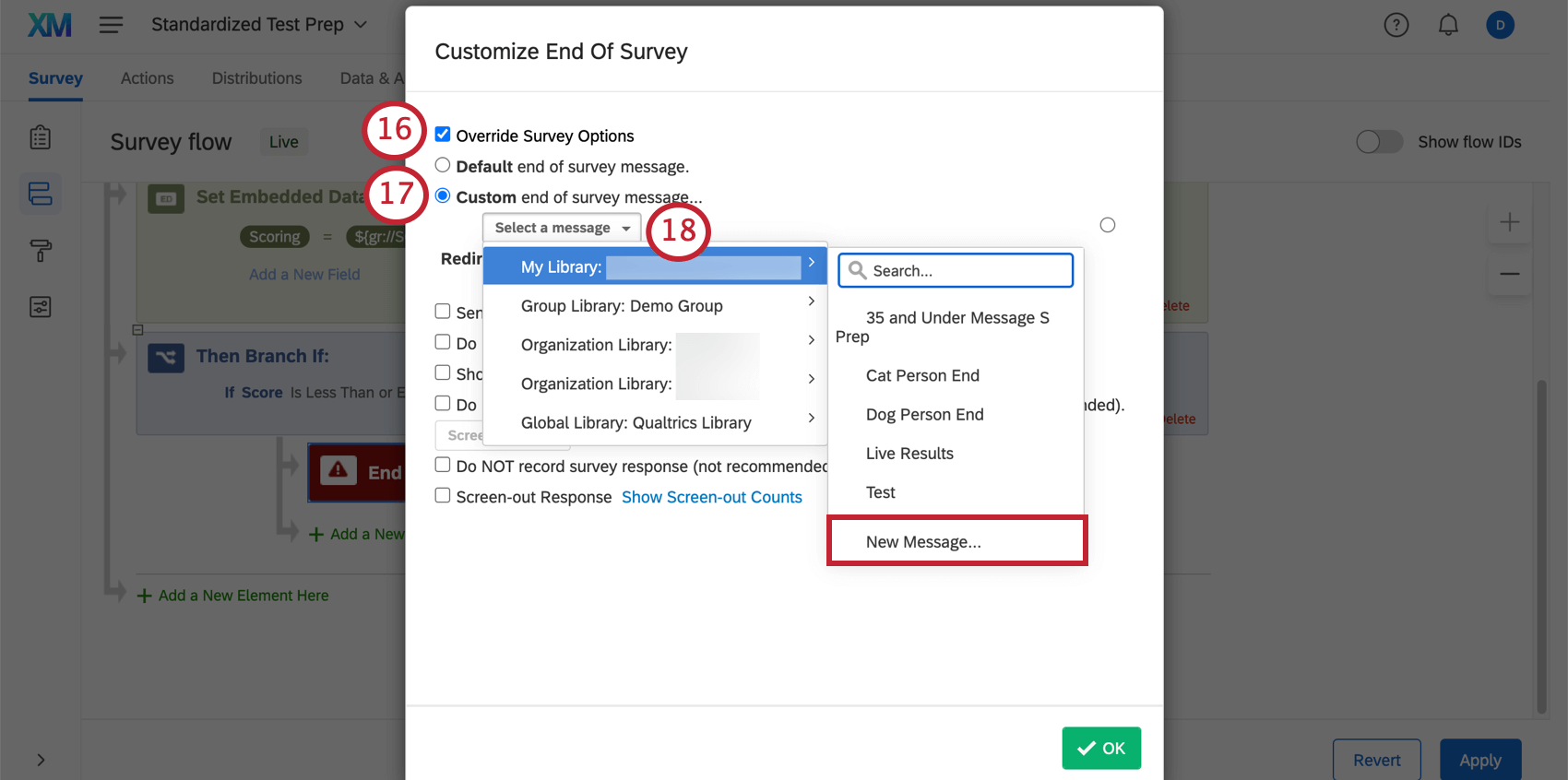 Adding a custom message by following the menus