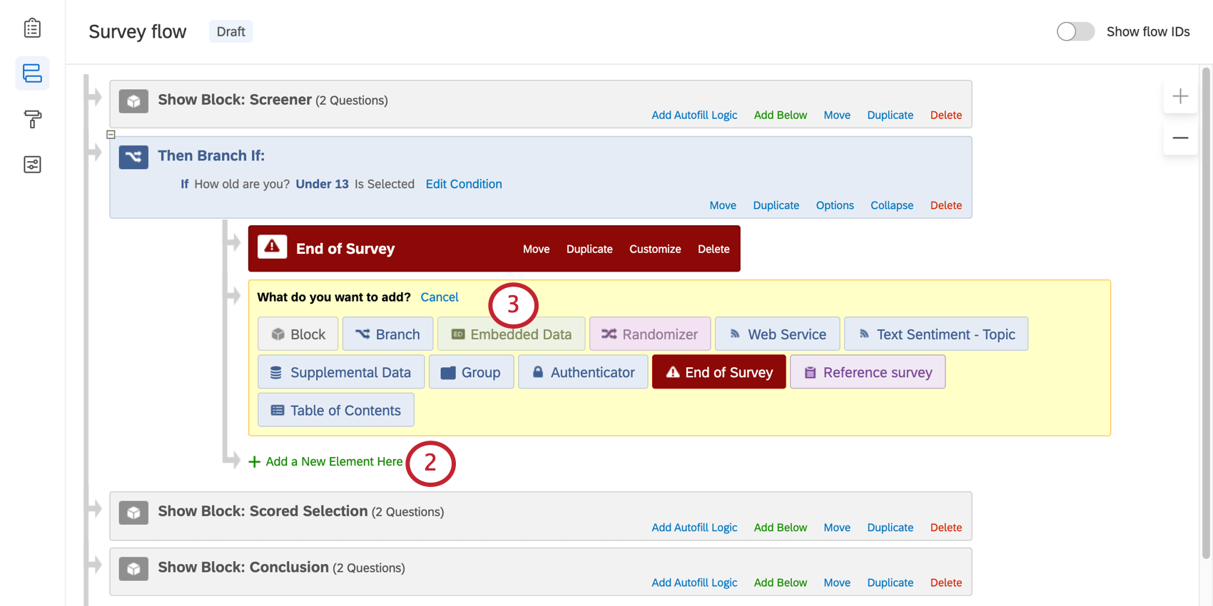 Adding an embedded data element indented under the end of survey element