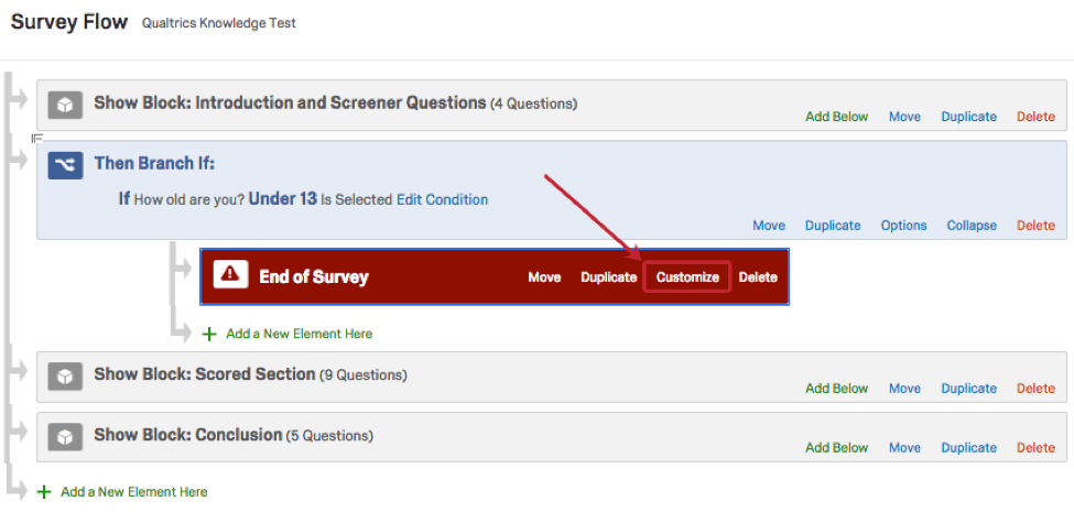 customize button on the end of survey element