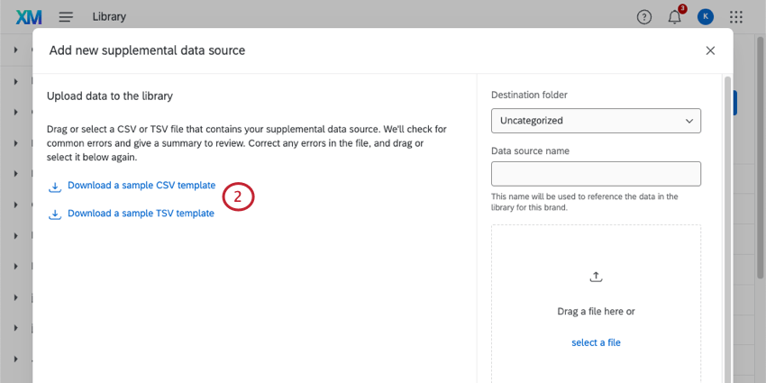 new window where you can download example files and upload your own completed file