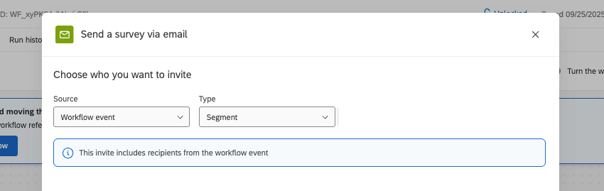 fenster eines Workflows, in dem Sie eine E-mail-Aufgabe zum Versenden von Ereignissen eingerichtet haben. Sie können die Segment-Ereignis-Informationen für Ihre Empfänger:in auswählen
