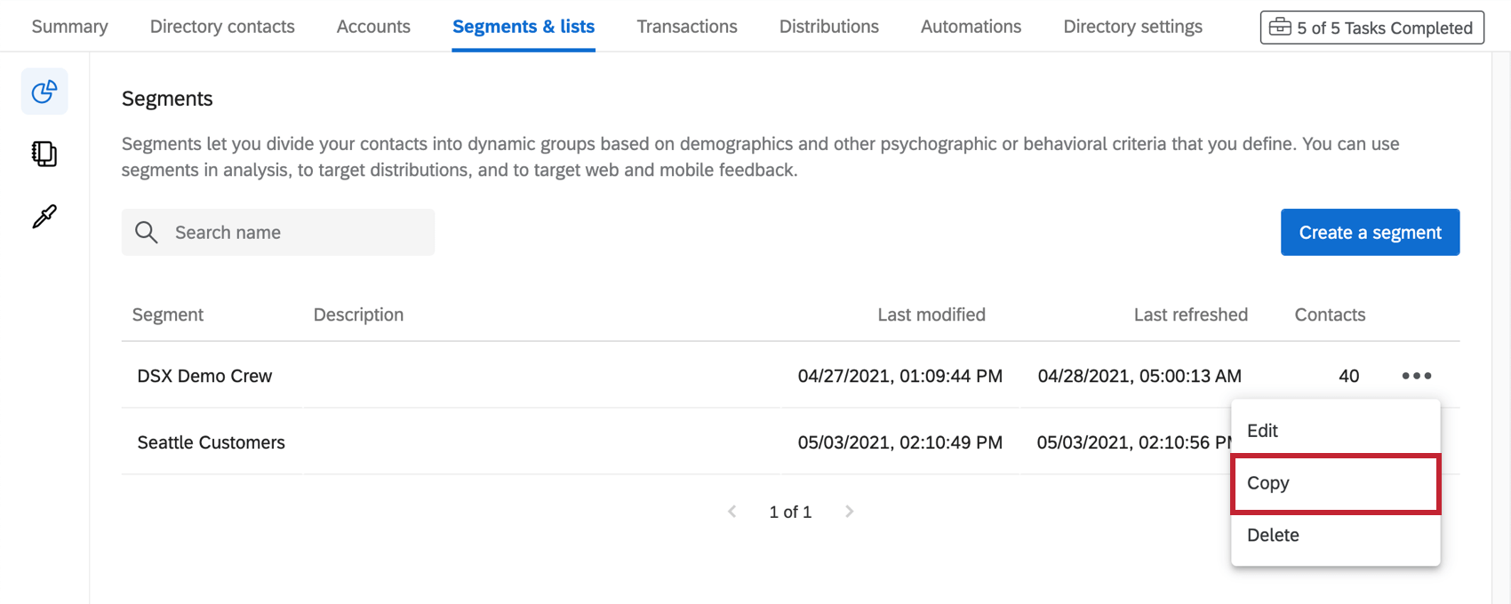 Dropdown weiter Segment expandiert, zweite Option, um es zu kopieren