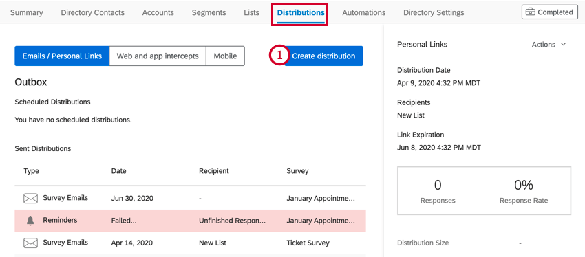 Registerkarte "Distributionen" im xm directory. Die Drucktaste "Verteilung anlegen" ist ausgewählt.