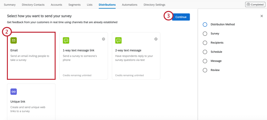 XM Directoryの［配信］タブでメールが選択されています。