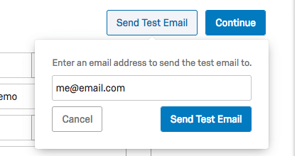 Image illustrant l’option Envoyer un e-mail test ouvrant une fenêtre dans laquelle une adresse e-mail peut être saisie