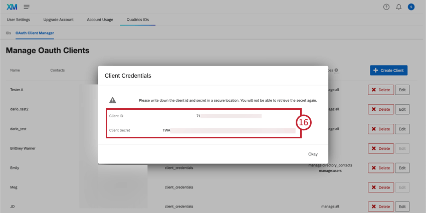 Client ID and the Client Secret displayed in a window