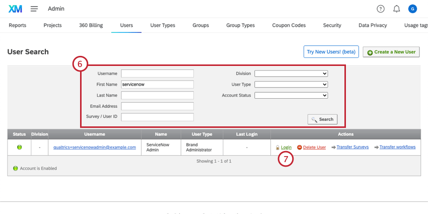 Ricerca dellutente ServiceNow; accesso proxy al suo account