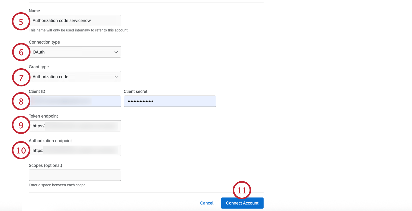 setting up a servicenow account using oauth authorization code