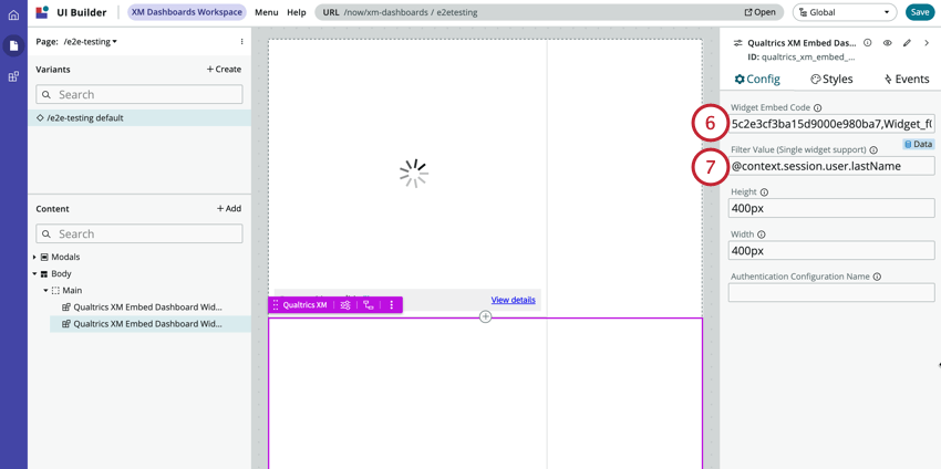 agregando el código del widget y eligiendo el campo servicenow para filtro