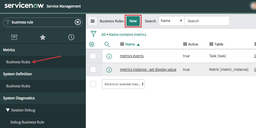 Servicenow. Business rules searched and selected to left. Teal New button top, center