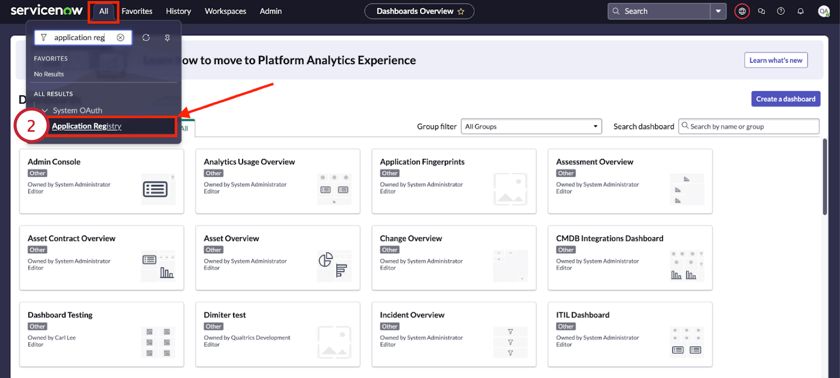 searching for application registry in servicenow