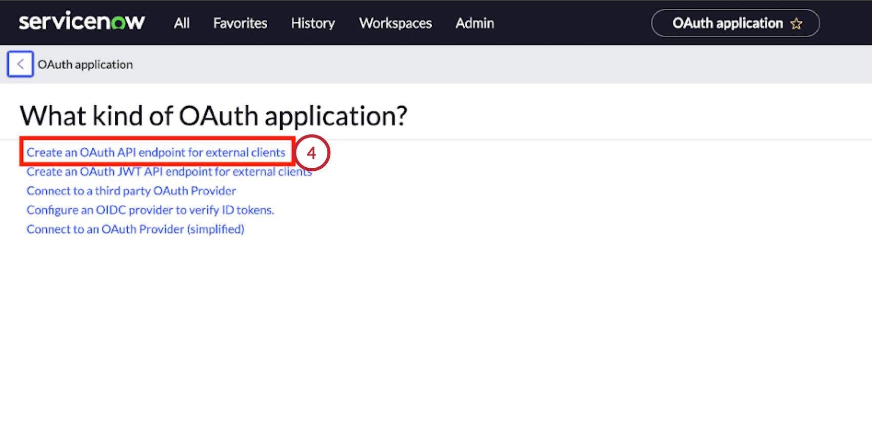clicking "Create an OAuth API endpoint for external clients" in servicenow