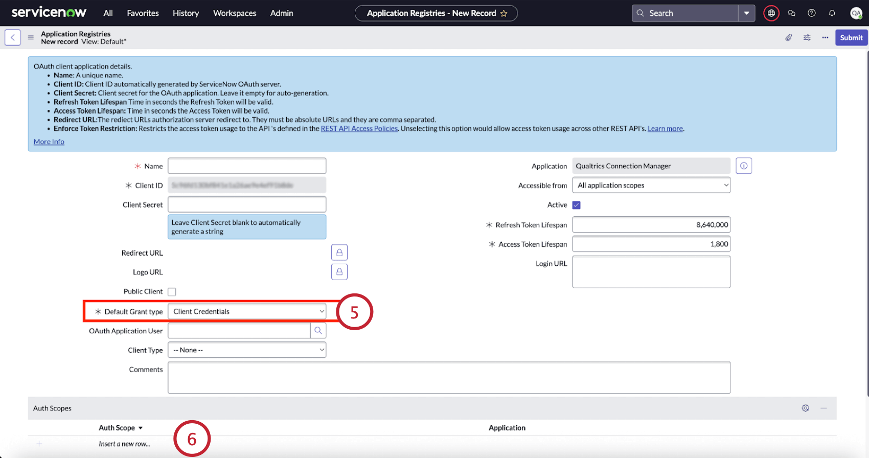 choosing client credentials as the grant type and adding an auth scope