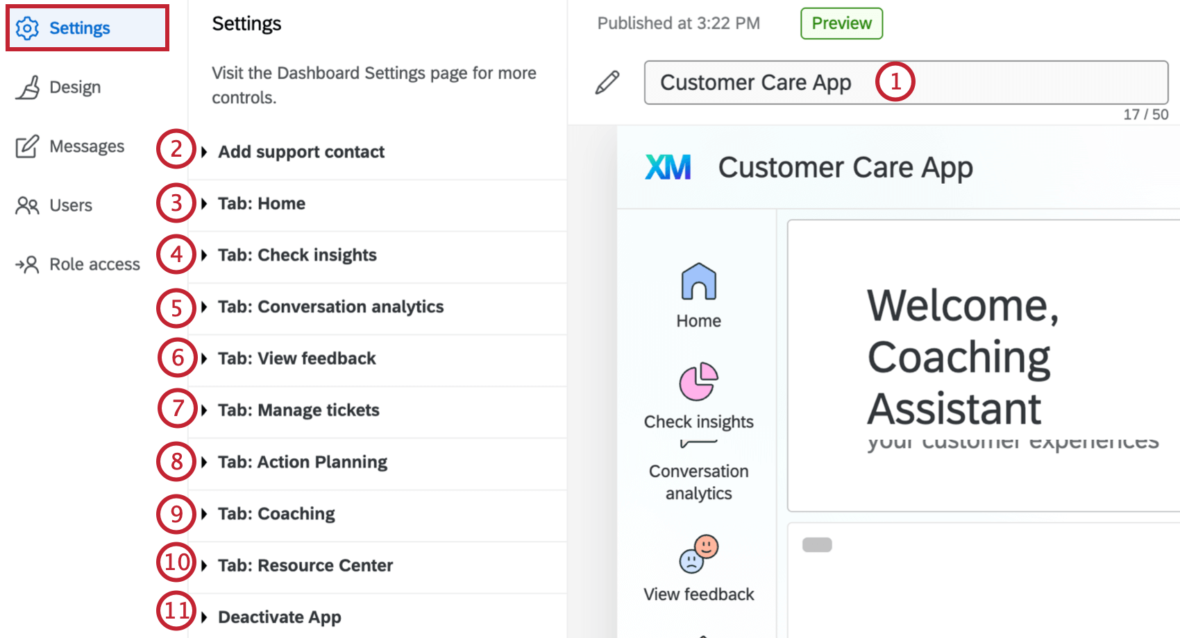 in the settings tab, managing the different tabs available in the customer care app