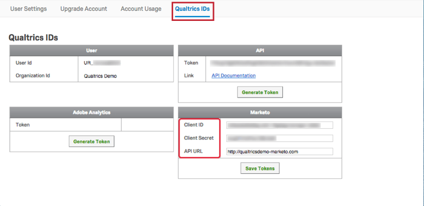 naviguer vers les identifiants Qualtrics puis la section marketo