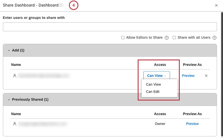 Share dashboard window
