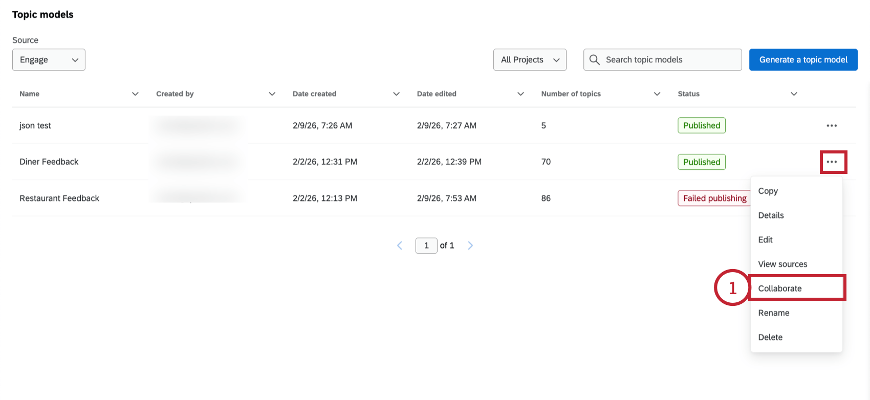 selecting "collaborate" from the topic model options menu