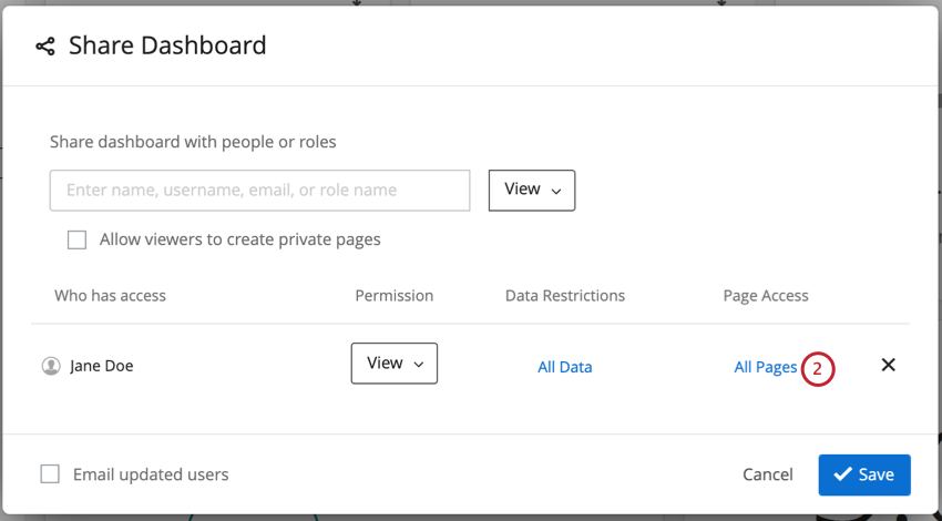 Sharing window open, blue All Pages text under the Pages Access header