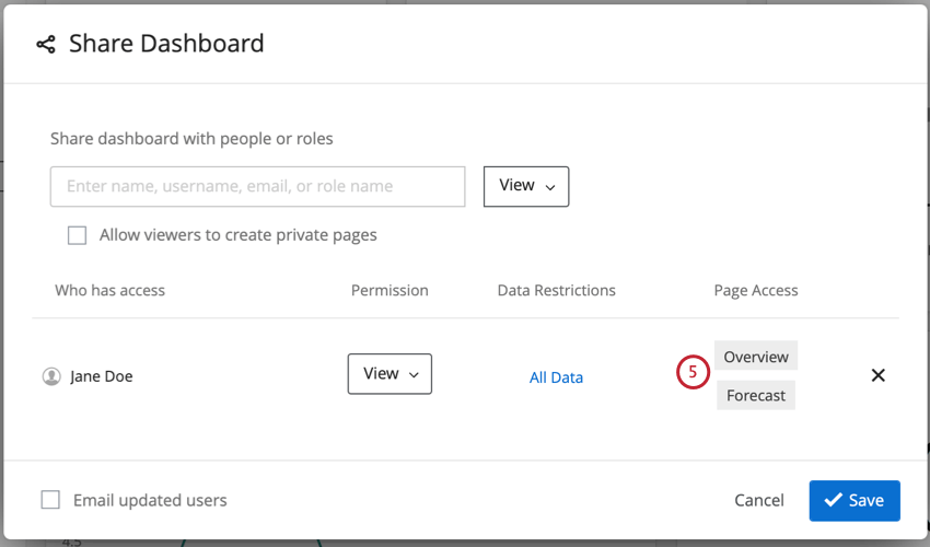Sharing window open, under the Pages Access header there are a few pages listed